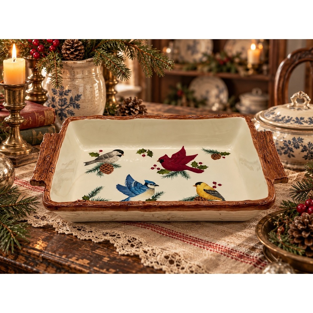 Sonoma Knollwood Winter Bird Rectangular Baker 16 inch Ceramic Casserole Dish